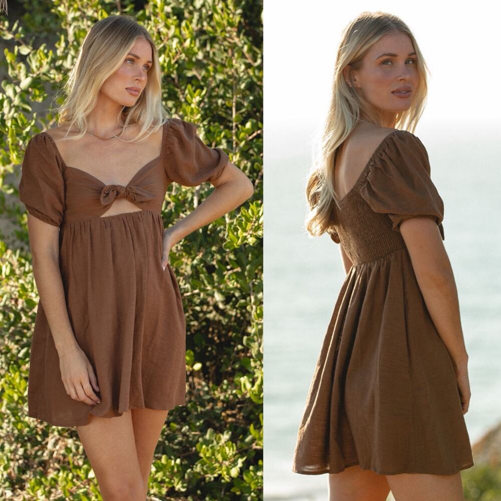 SOLAI The Label Anthro Lively Cotton Mini Dress in Brown Tie Medium Smocked